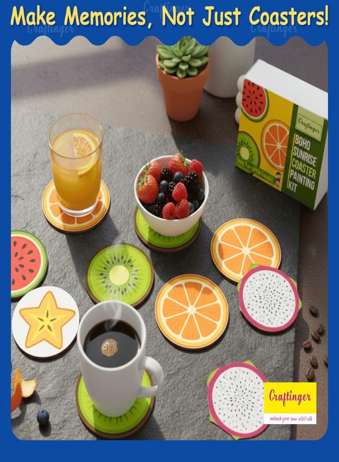 Craftinger Fruit theam Coaster Painting Kit for Kids | 6 Fruit Theme Coasters with 8 Acrylic Colors, 2 Brushes, Palette & Free Gloss Varnish | DIY Painting Art Kit for Boys & Girls, Home, Office, Activity, Coloring Tea Cup Table Birthday Kitchen - Image 4